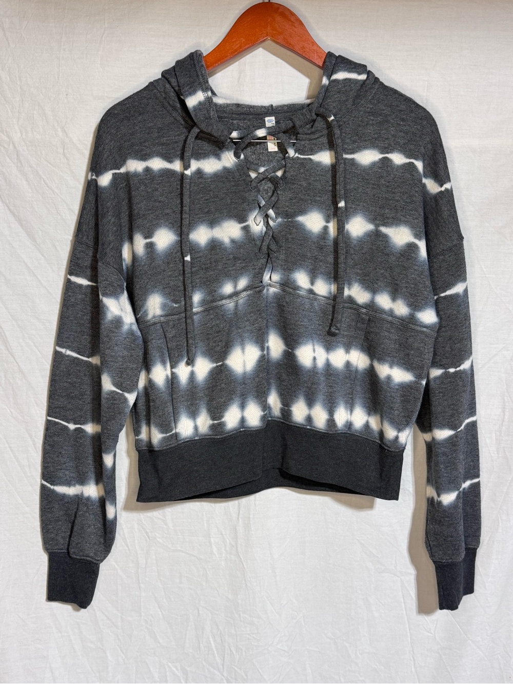 Free People Charcoal & White Lace-Up Tie-Dye Hooded Sweatshirt